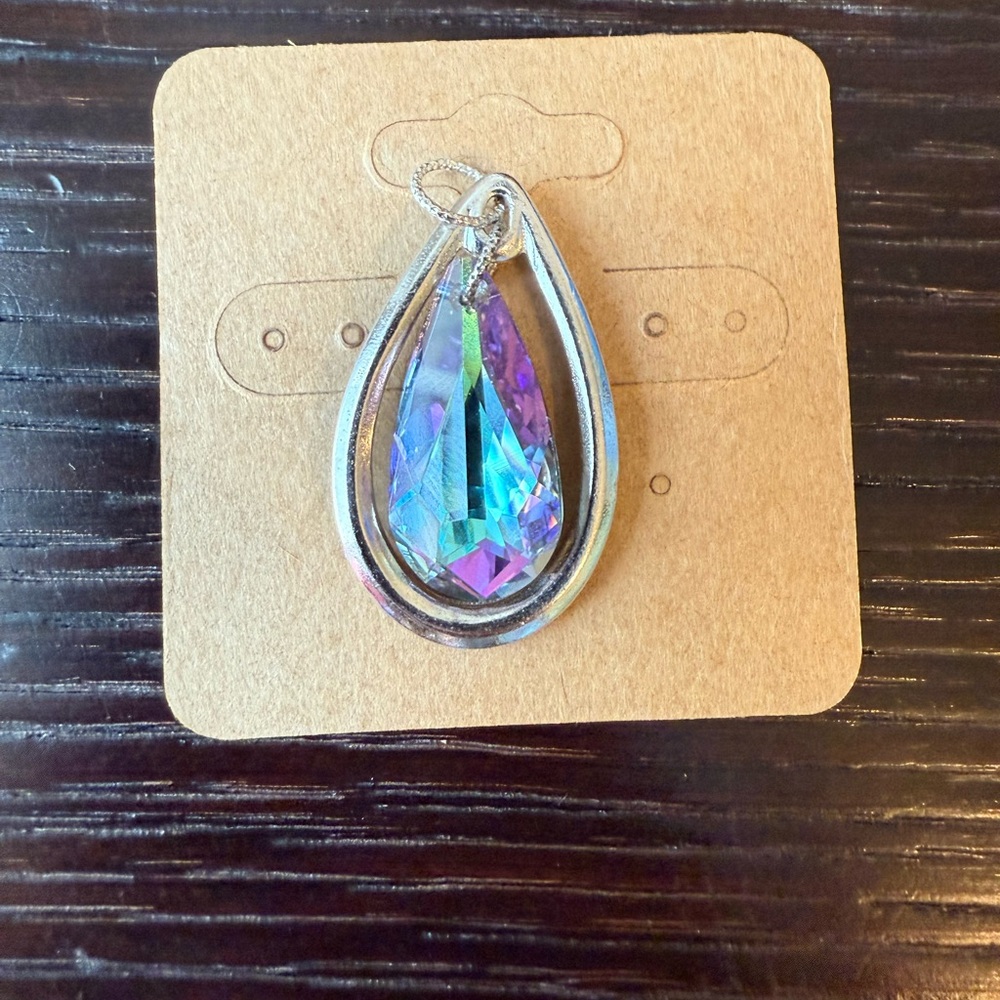 Silver and Purple Iridescent Teardrop Pendant Necklace